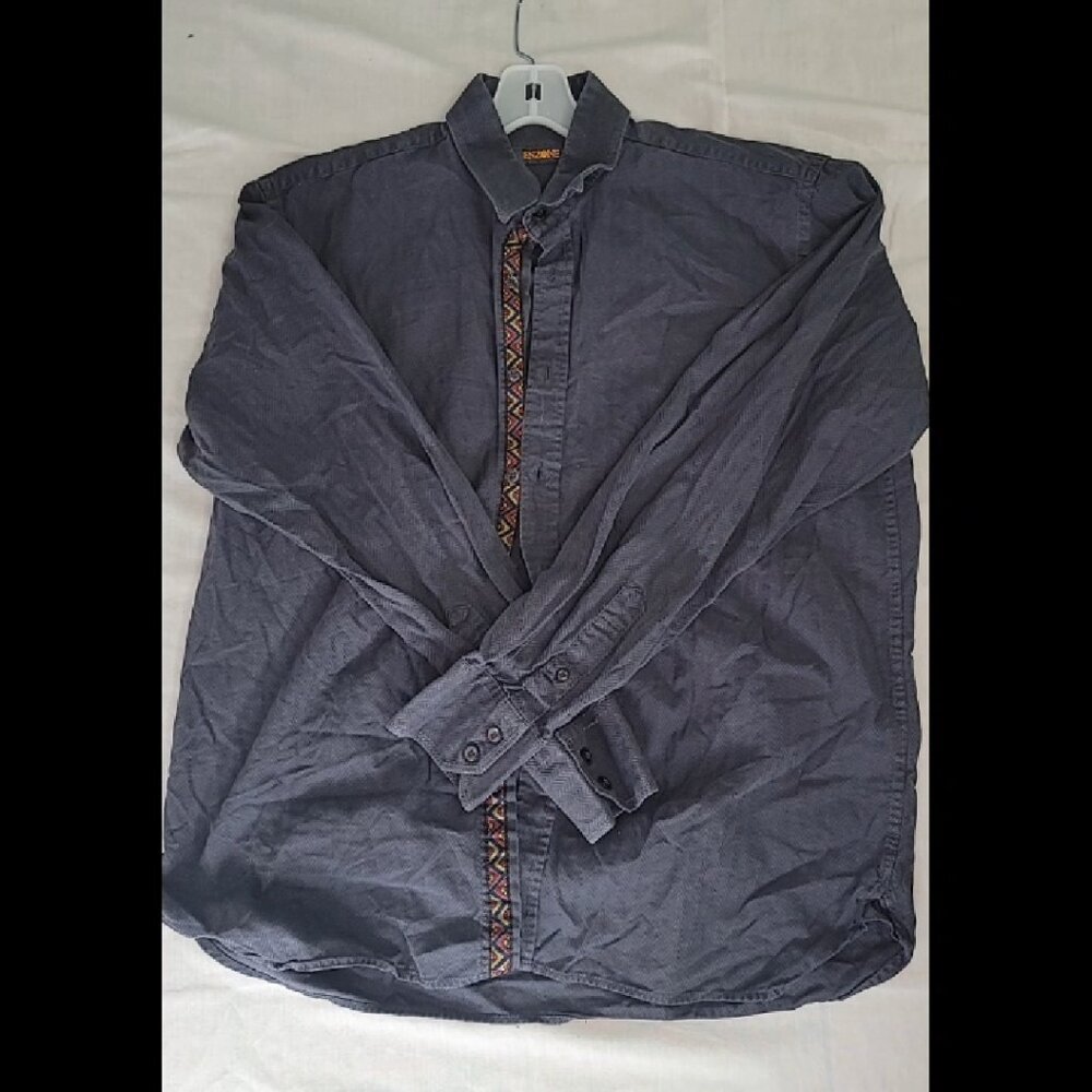 Enzone Men's Dark Gray Long-Sleeve Button-Down Shirt Herringbone Pattern Size L